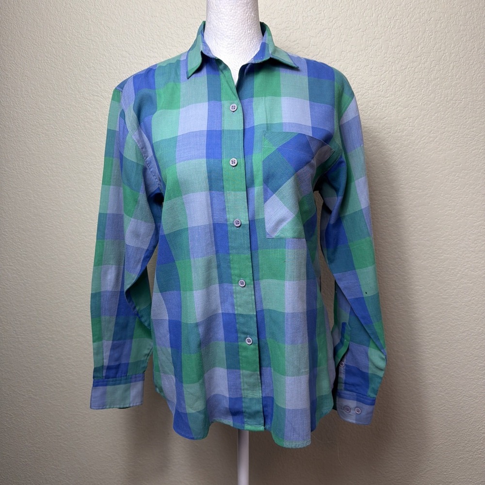 Diane Von Furstenberg 6 Shirt Vintage Plaid Blue Green Button Down WPL 7539 Hole